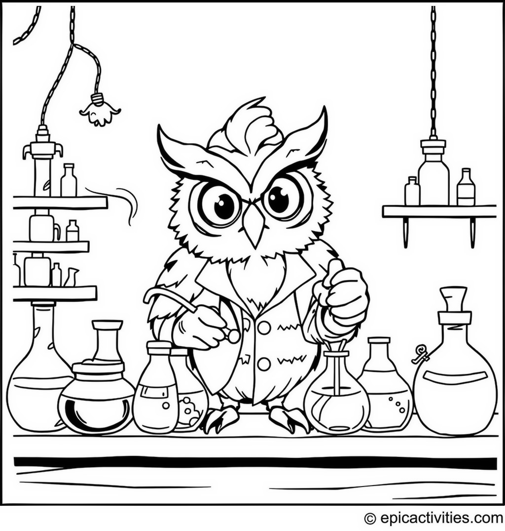 Coloring page of a Cute Owl Mad Scientist Mixing Potions in Their Lab