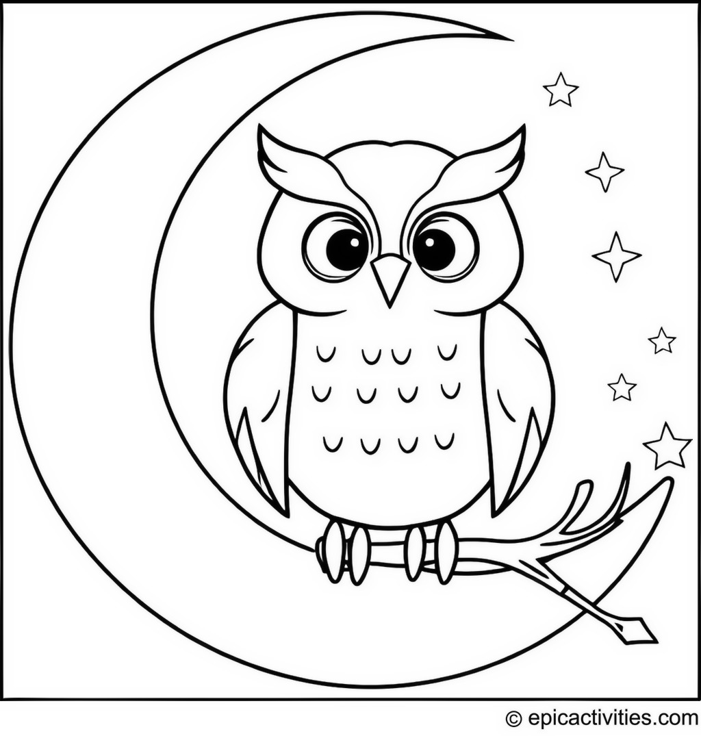 Coloring page of a Cute Owl on a Crescent Moon with Twinkling Stars