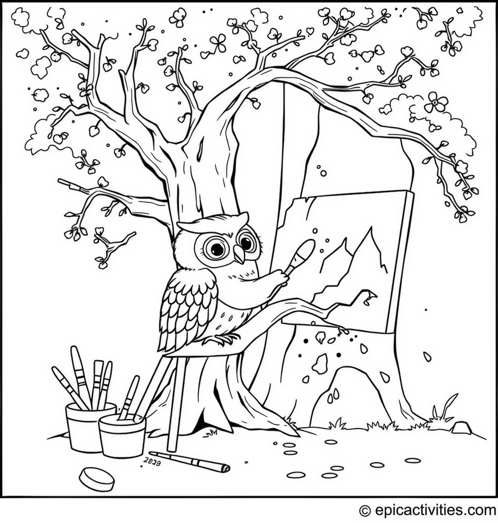 Coloring page of a Cute Owl Painting a Mural on a Tree