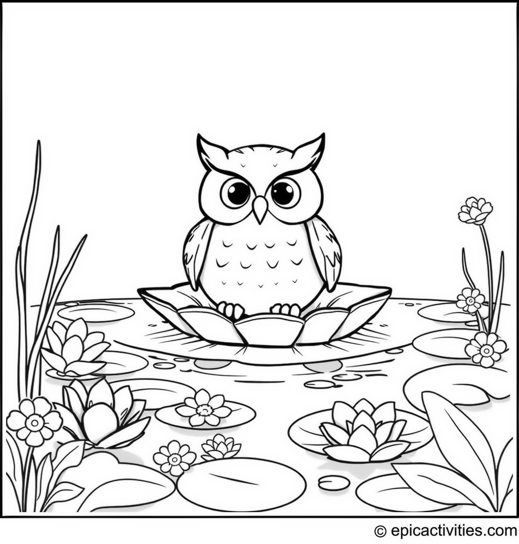 Coloring page of a cute owl peacefully floating on a lily pad in a cartoon pond with frogs and flowers
