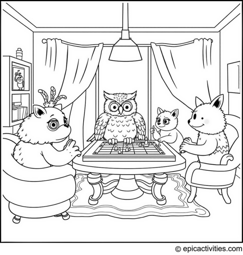 Coloring page of a cute owl playing a board game with other animals in a cozy living room
