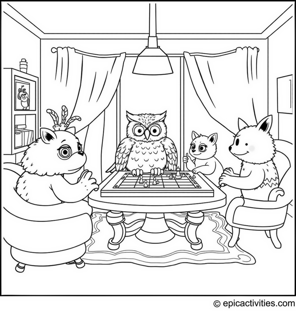 Coloring page of a cute owl playing a board game with other animals in a cozy living room