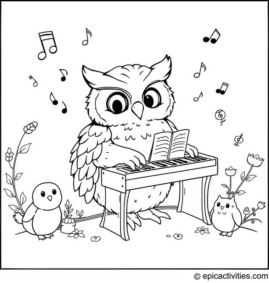 Coloring page of a cute owl playing a tiny piano surrounded by musical notes and woodland friends