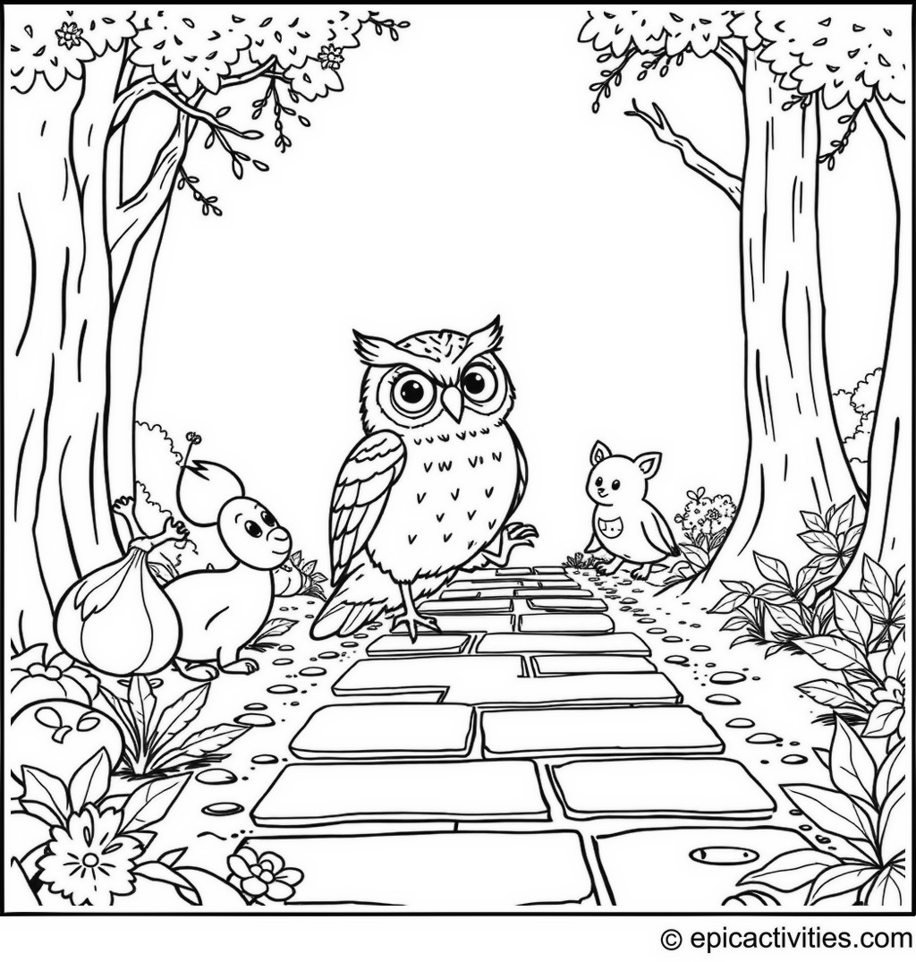 Coloring page of a cute owl playing hopscotch in the forest