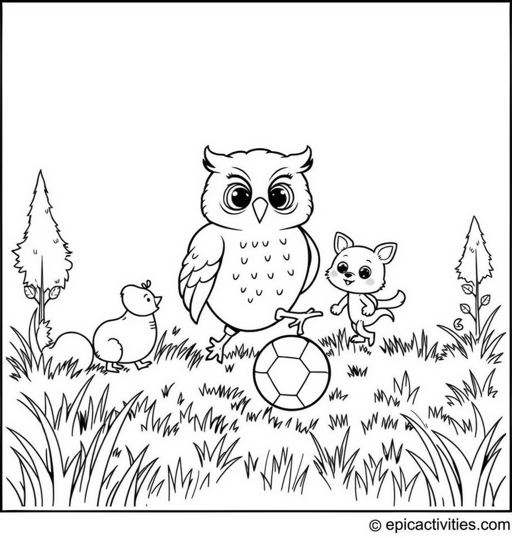 Coloring page of a cute owl playing soccer with woodland animals