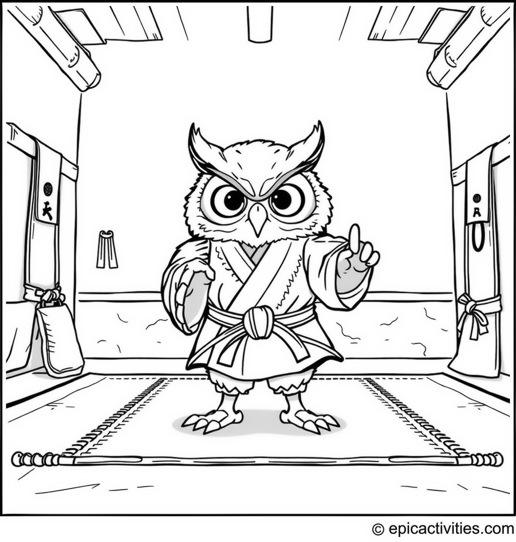 Coloring page of a cute owl practicing martial arts in a dojo