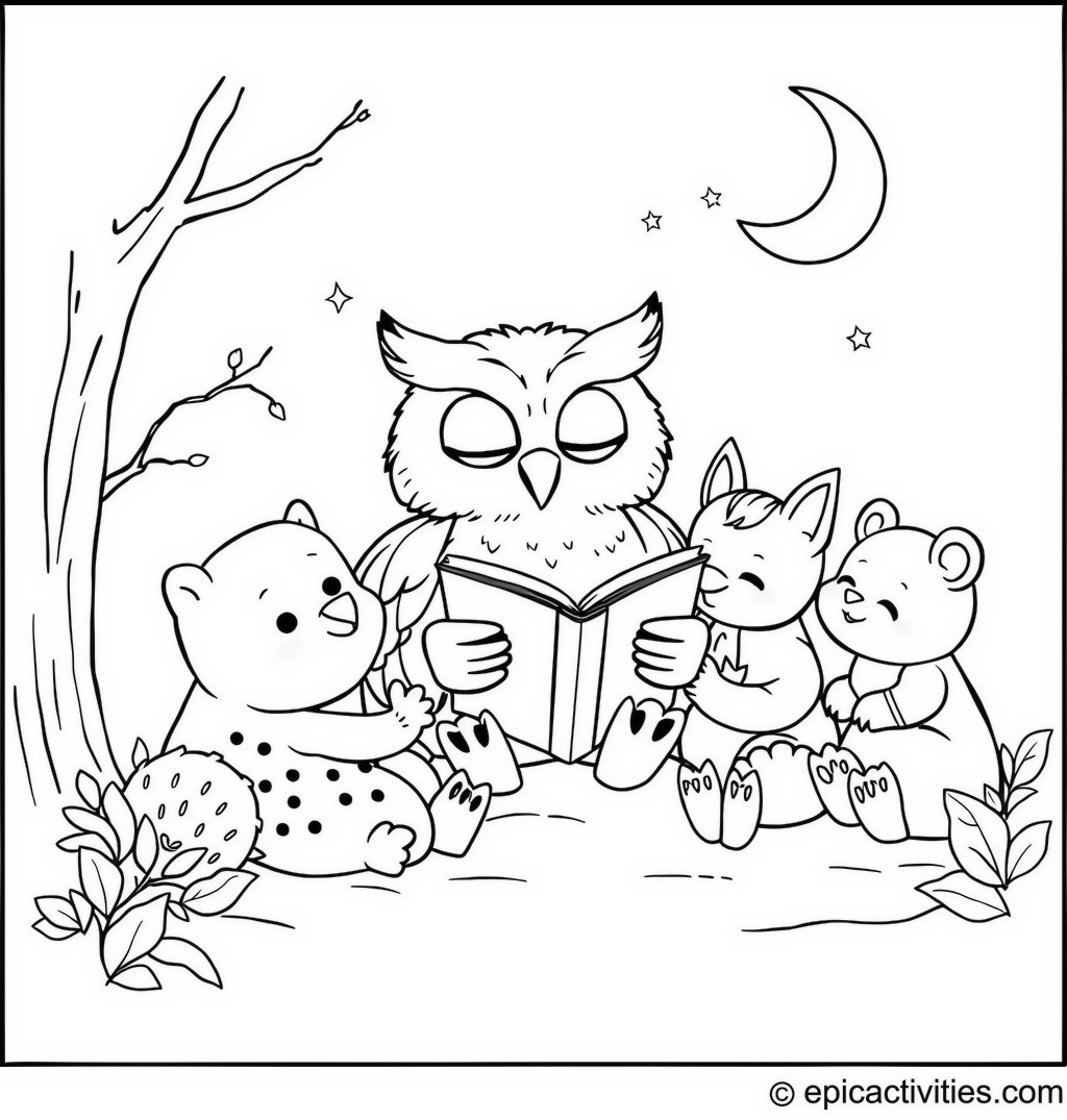 Coloring page of a cute owl reading a bedtime story to sleepy woodland creatures