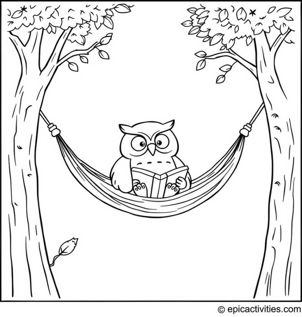 Coloring page of a Cute Owl Relaxing in a Hammock with a Book