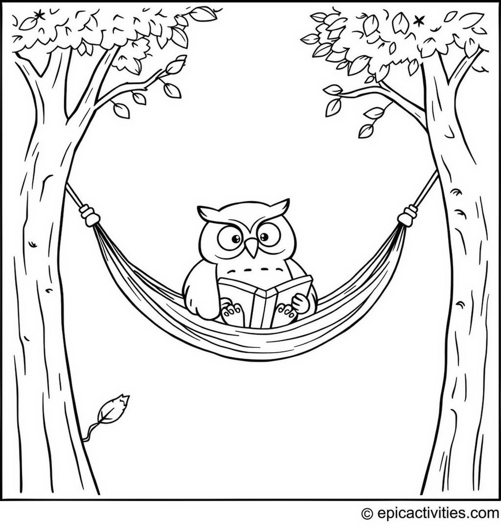 Coloring page of a Cute Owl Relaxing in a Hammock with a Book