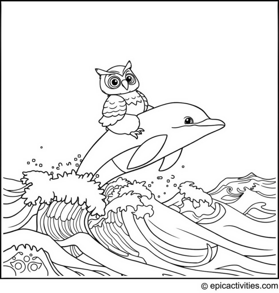 Coloring page of a cute owl riding a dolphin in the ocean