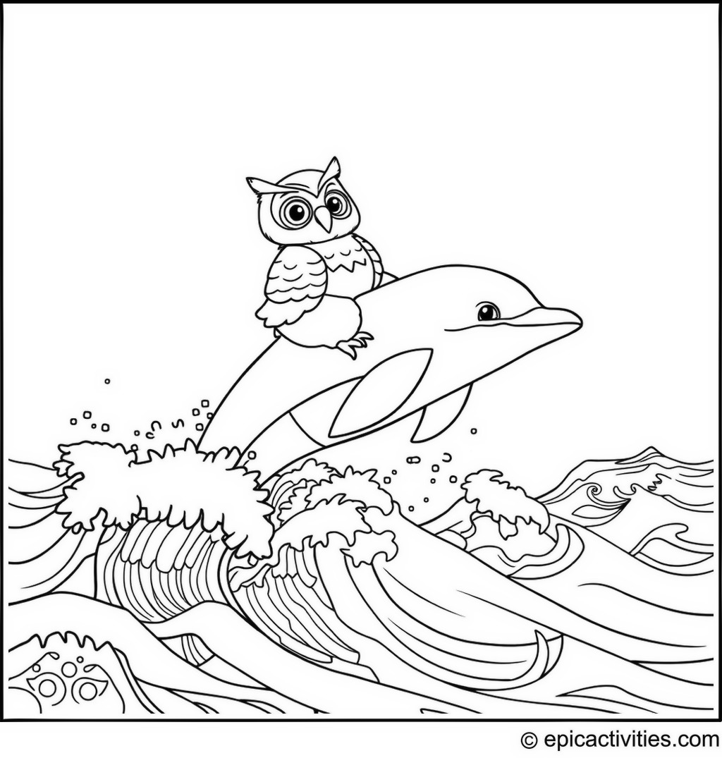 Coloring page of a cute owl riding a dolphin in the ocean