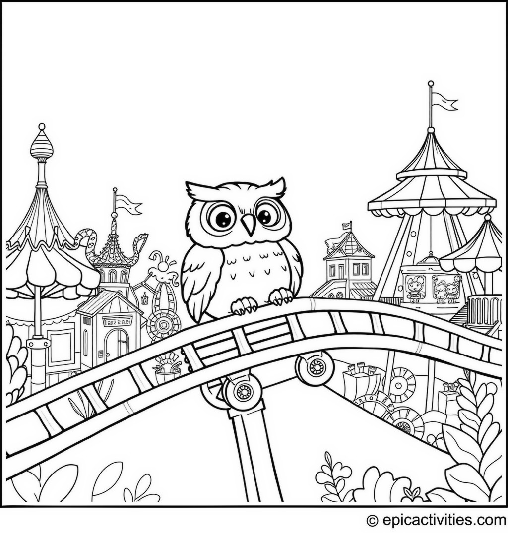 Coloring page of a cute owl riding a roller coaster in a whimsical amusement park