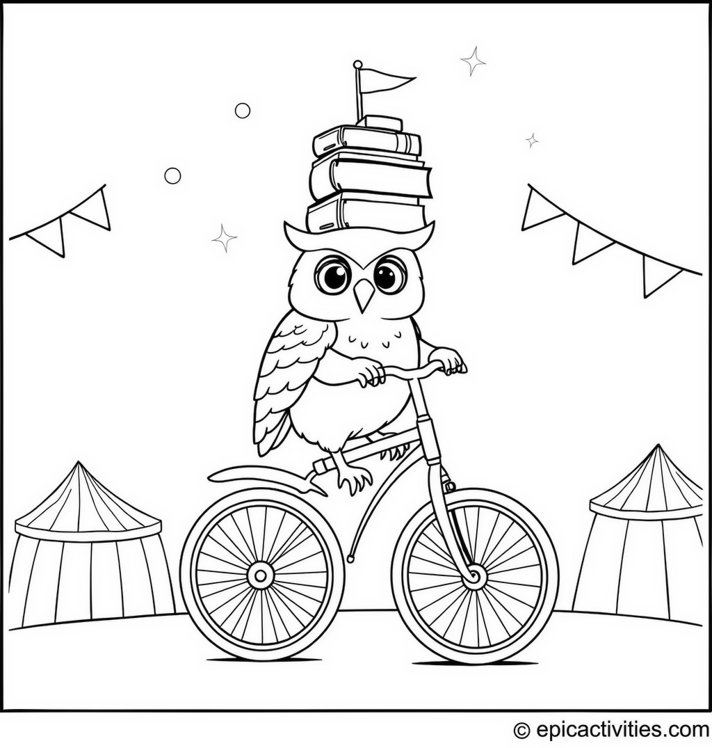 Coloring page of a cute owl riding a unicycle at a whimsical circus