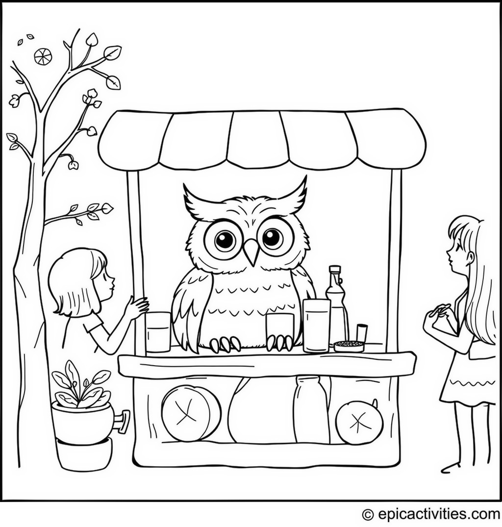 Coloring page of a cute owl running a whimsical lemonade stand