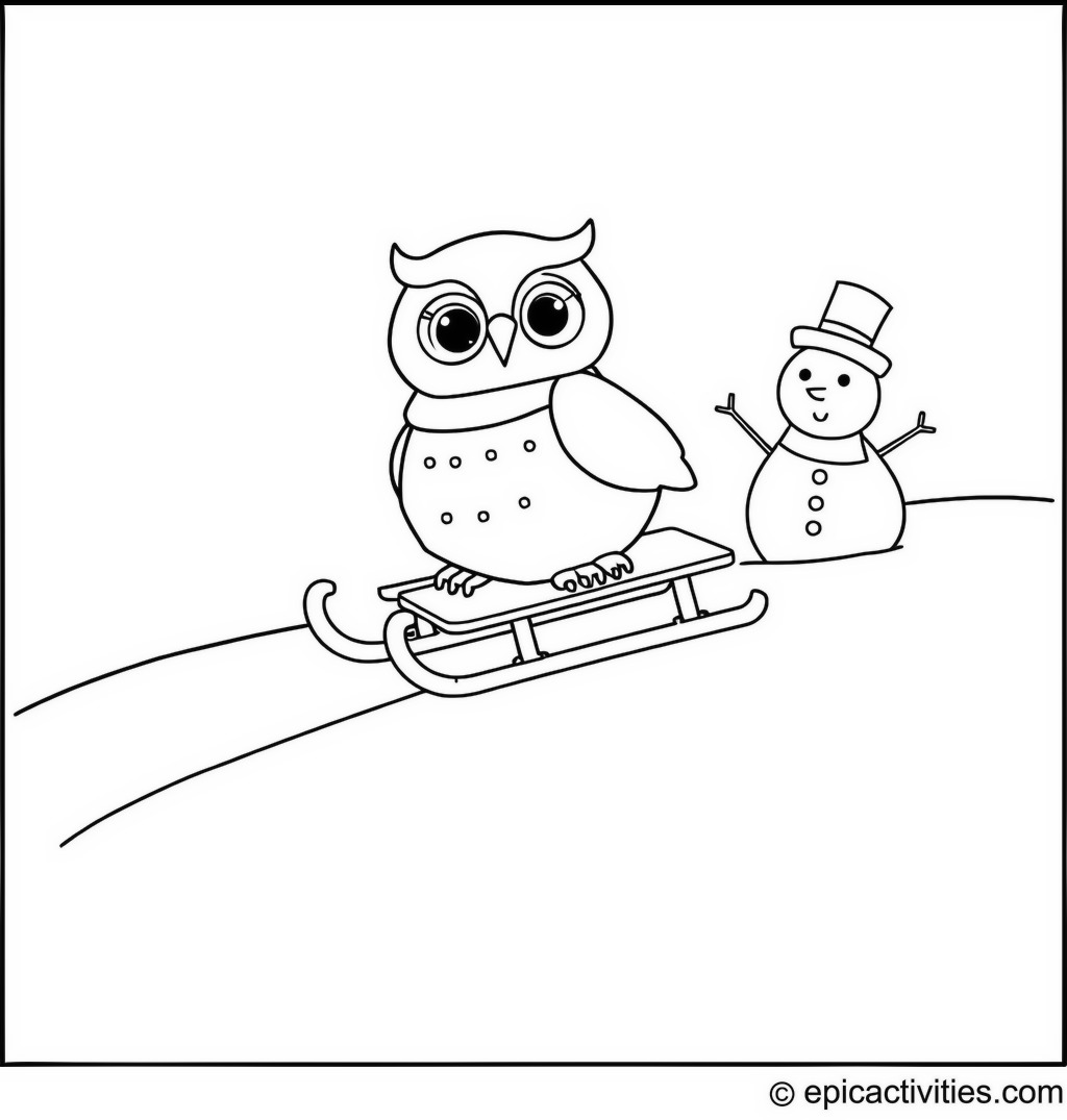 Coloring page of a cute owl sledding in the snow with a snowman
