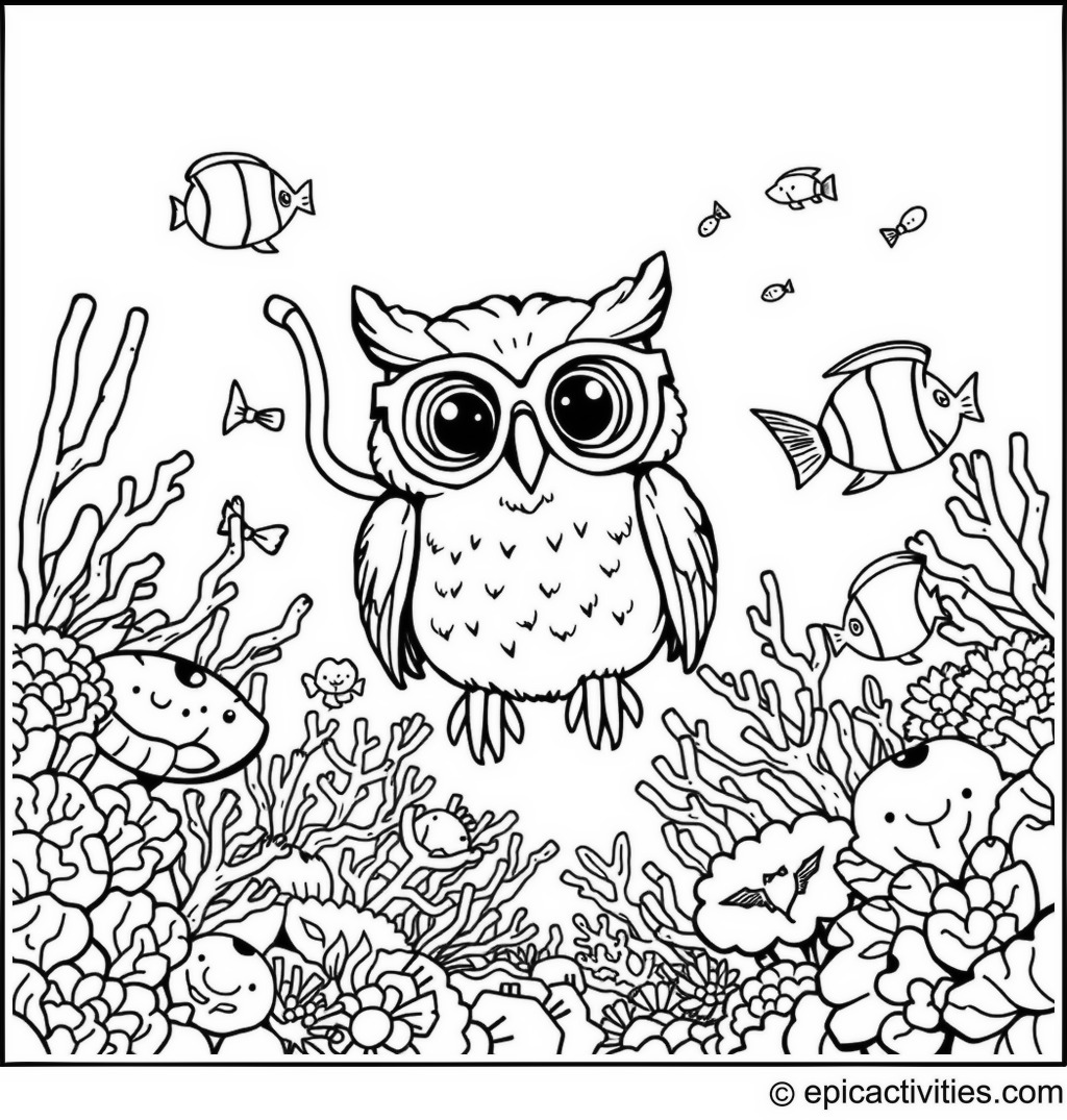 Coloring page of a Cute Owl Snorkeling Underwater with Fish and Coral Reefs