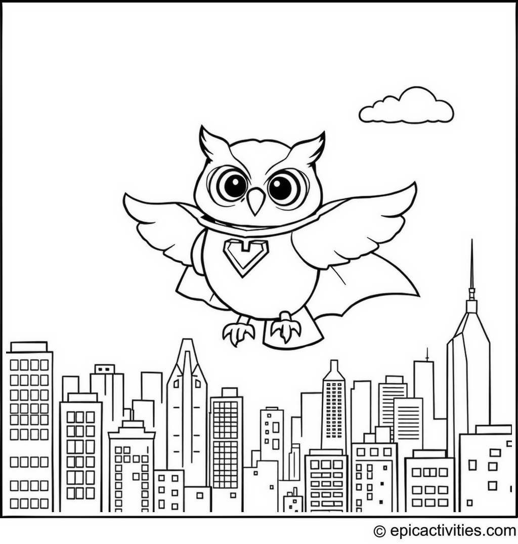 Coloring page of a Cute Owl Superhero Flying over a Cartoon City