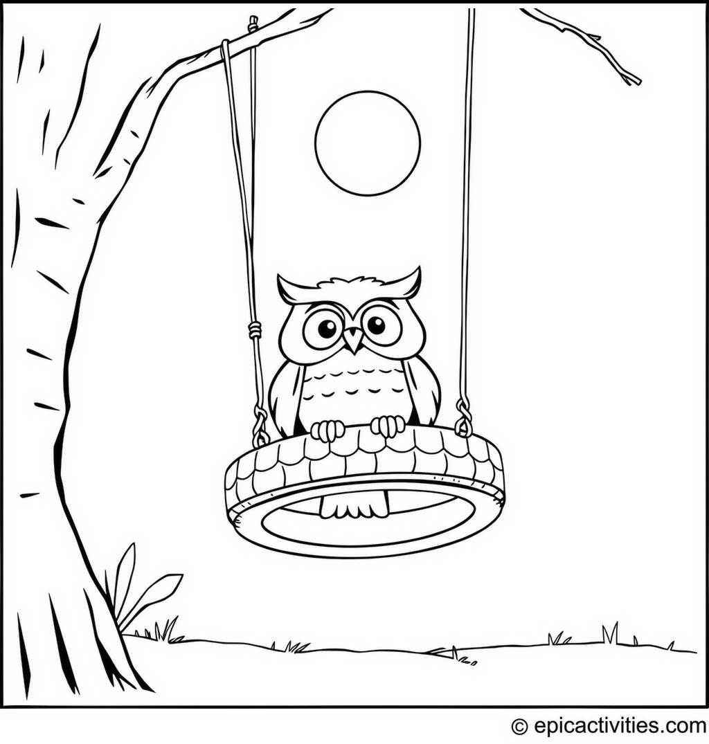 Coloring page of a cute owl swinging on a tire swing under a sunny sky