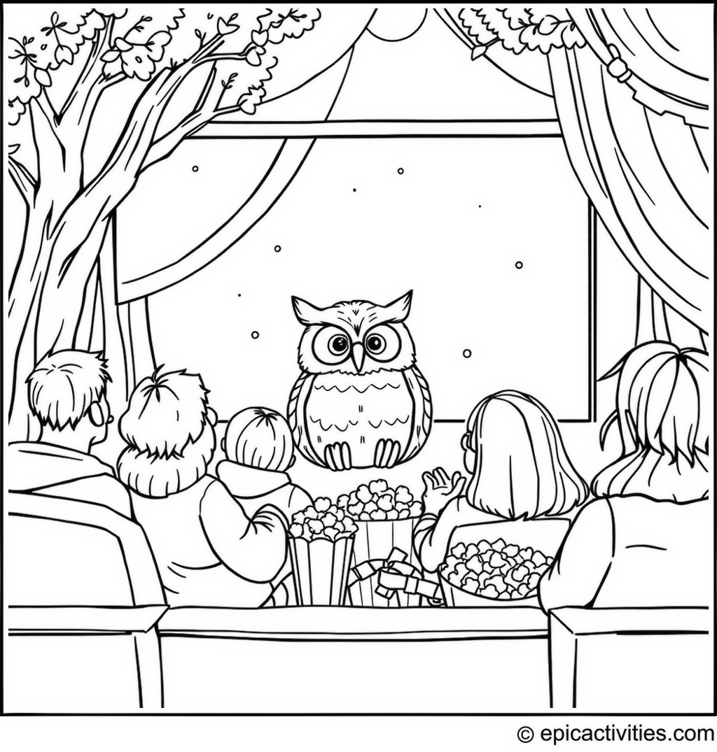Coloring page of a cute owl watching a movie in an outdoor cinema with friends and popcorn