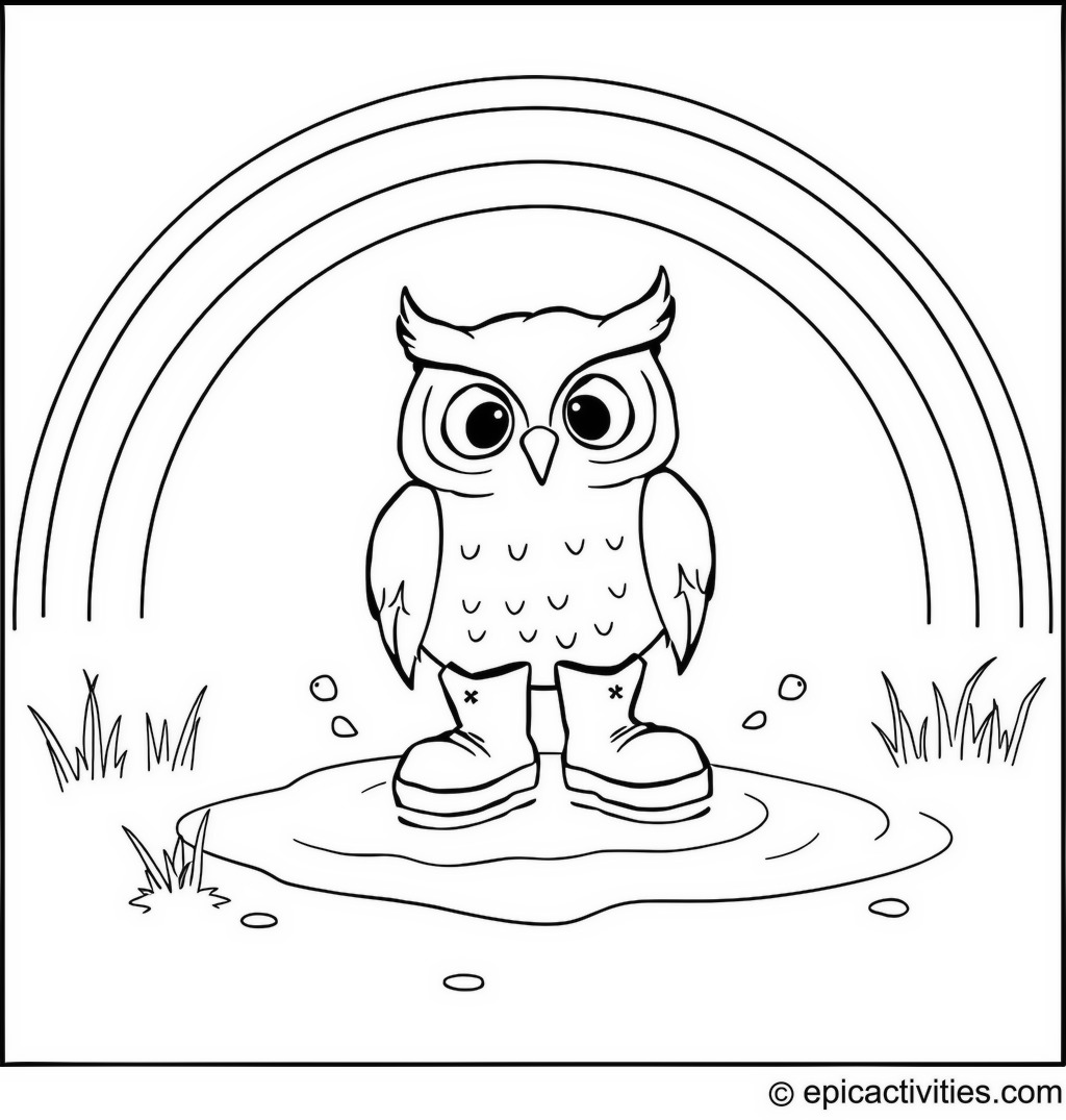 Coloring page of a Cute Owl Wearing Rain Boots Playing in Puddles Under a Rainbow