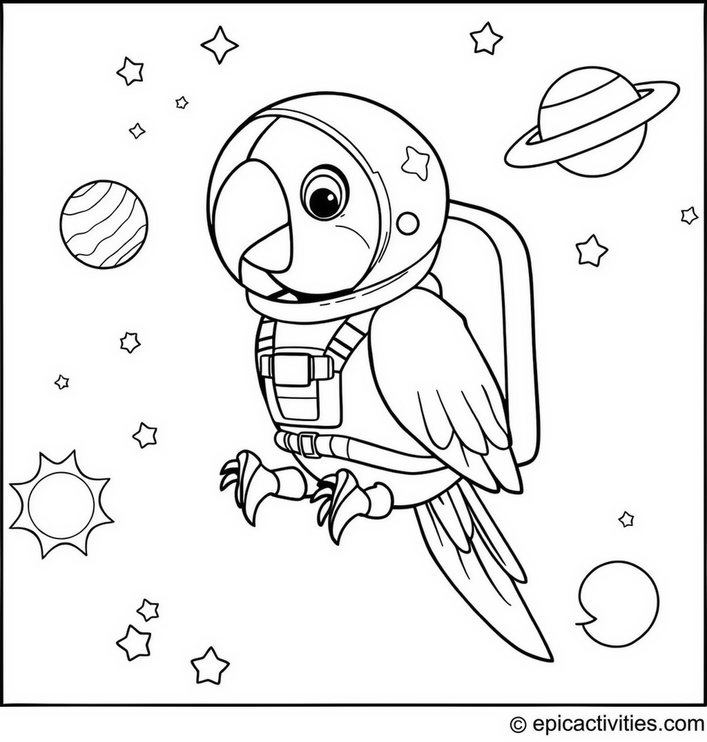 Coloring page of a cute parrot astronaut in space
