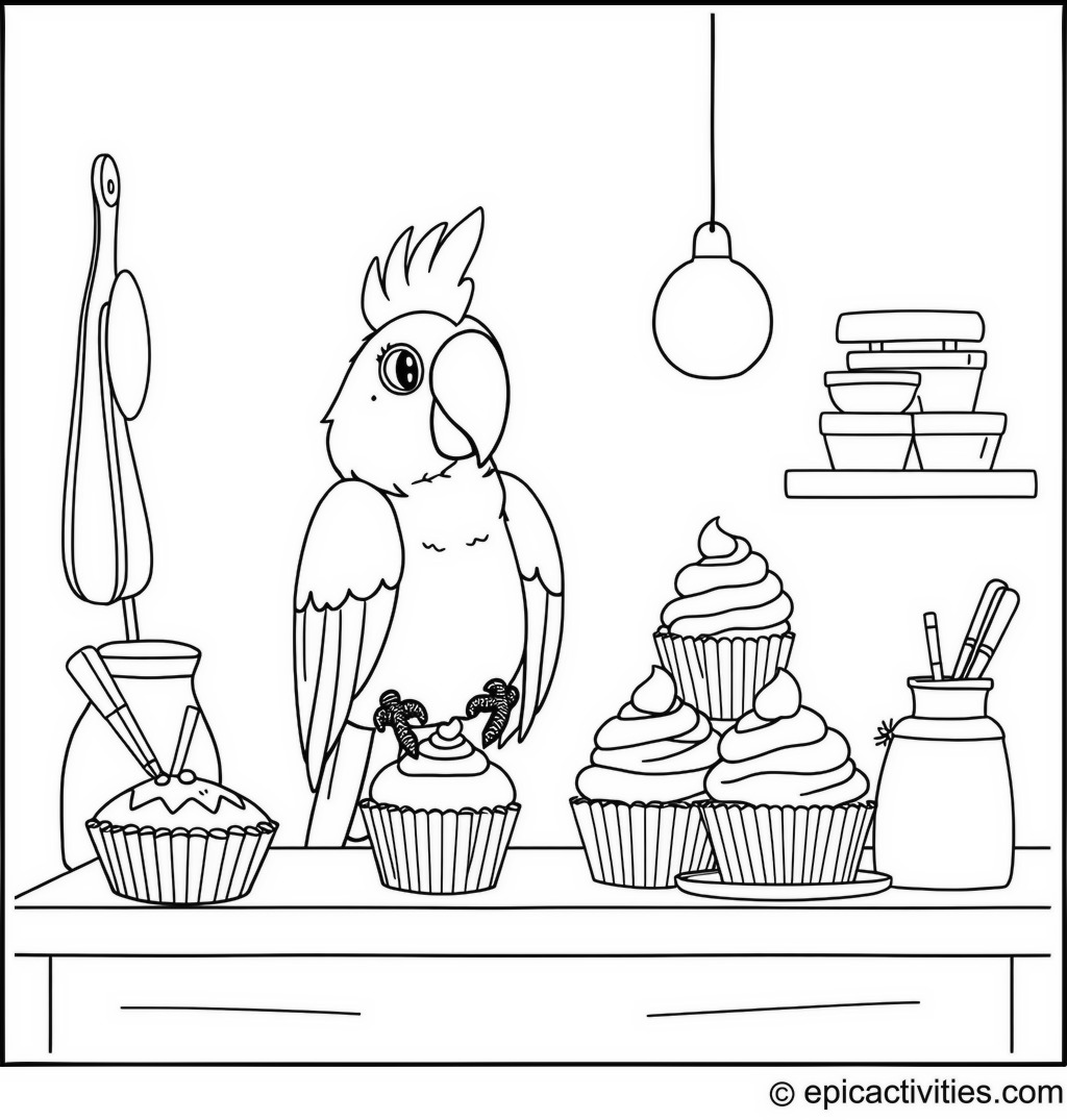 Coloring page of a cute parrot baking colorful cupcakes in a tiny kitchen