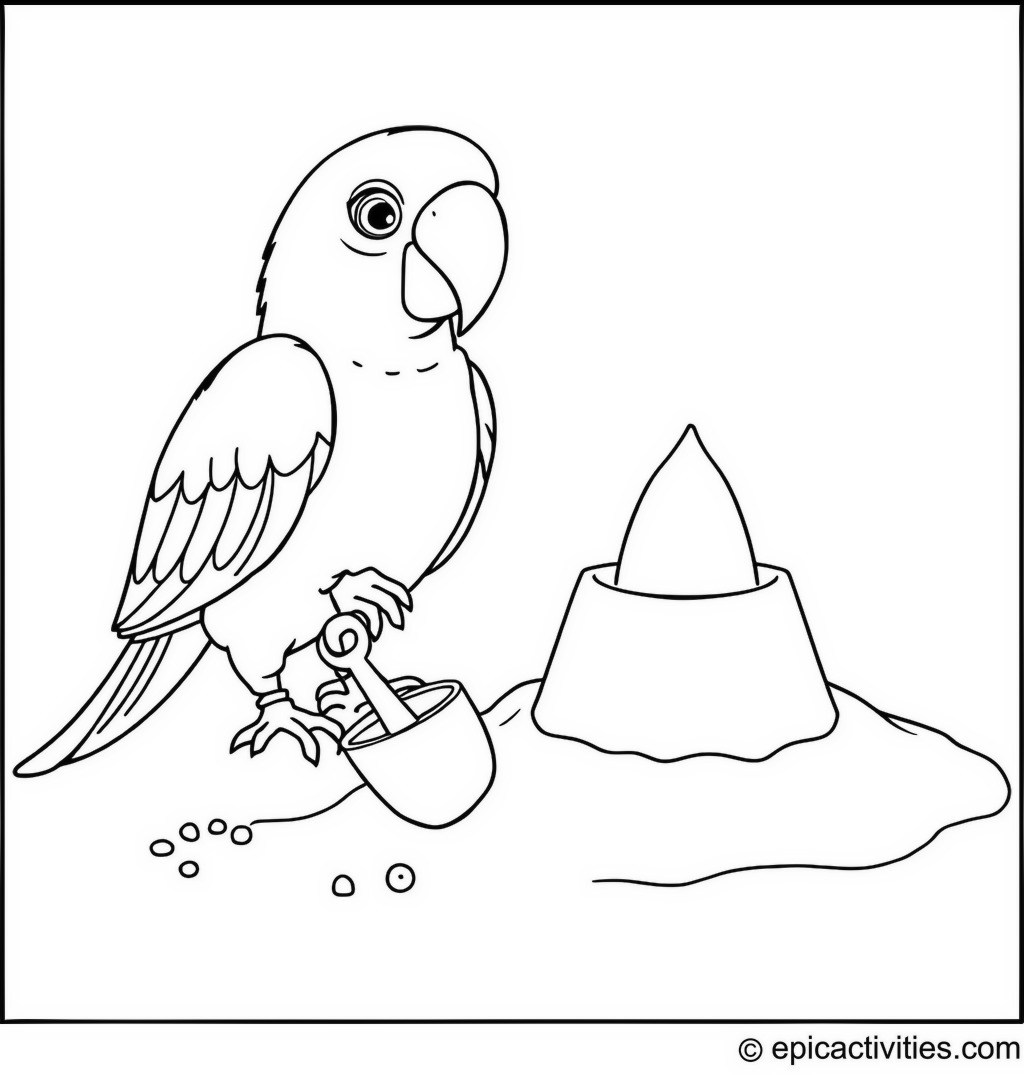 Coloring page of a Cute Parrot Building a Sandcastle