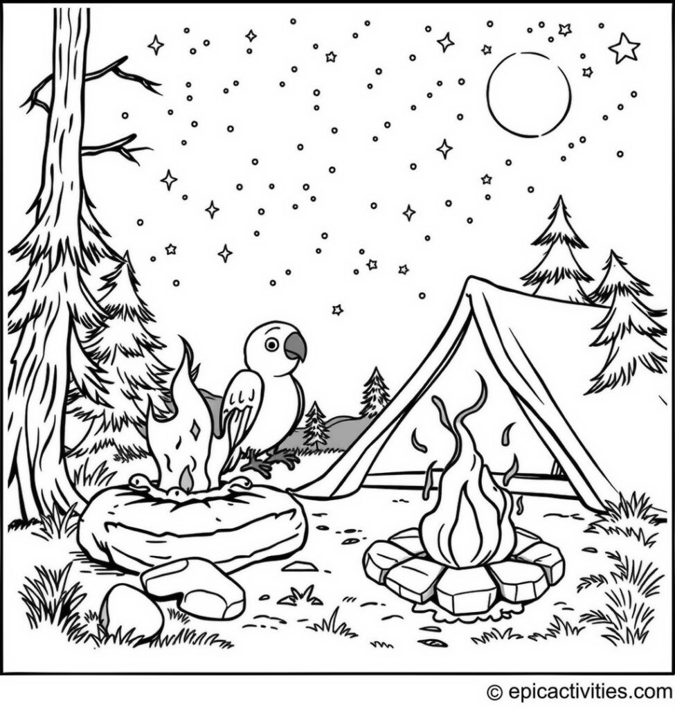 Coloring page of a Cute Parrot Camping in a Tent