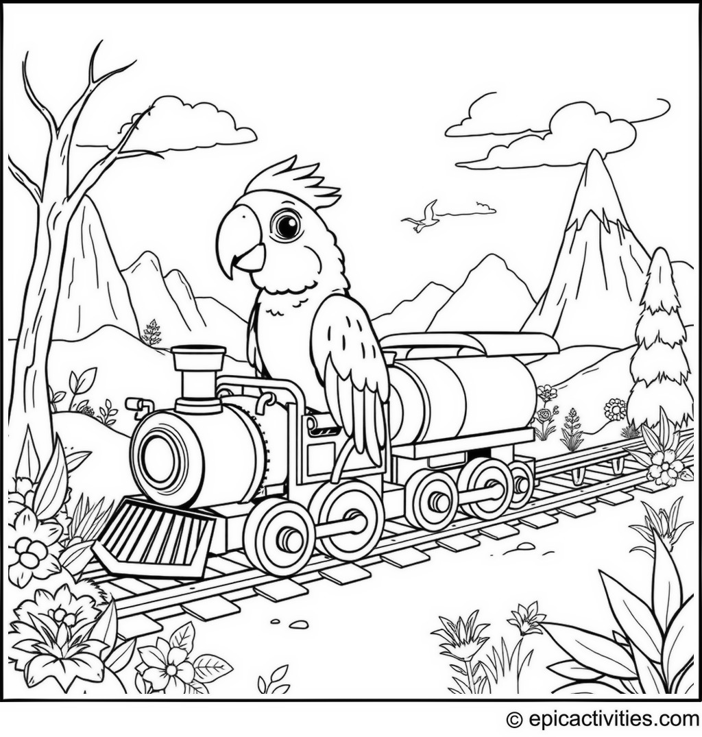 Coloring page of a cute parrot driving a toy train through a fantasy landscape
