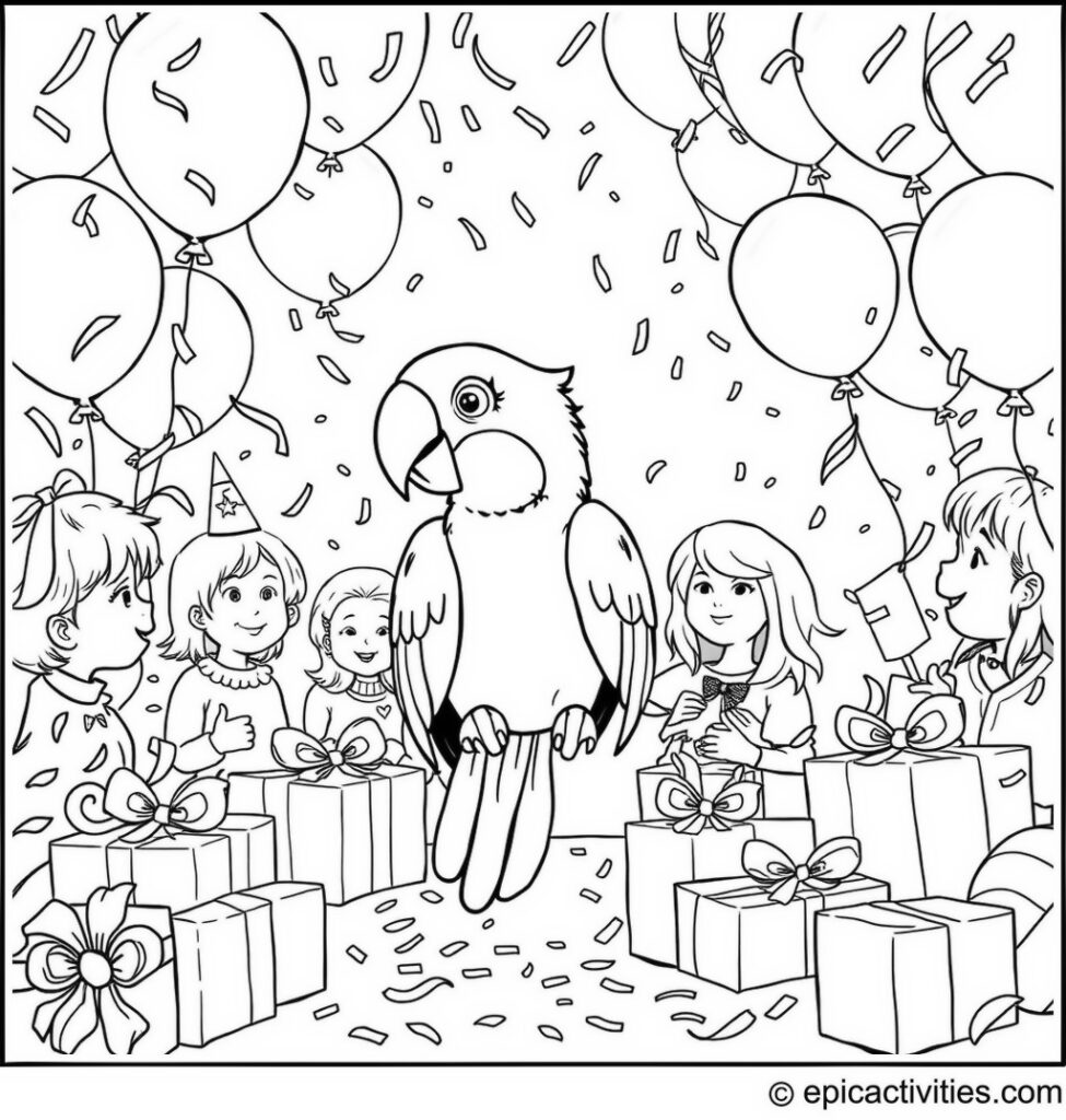 Coloring page of a cute parrot enjoying a balloon-filled birthday party