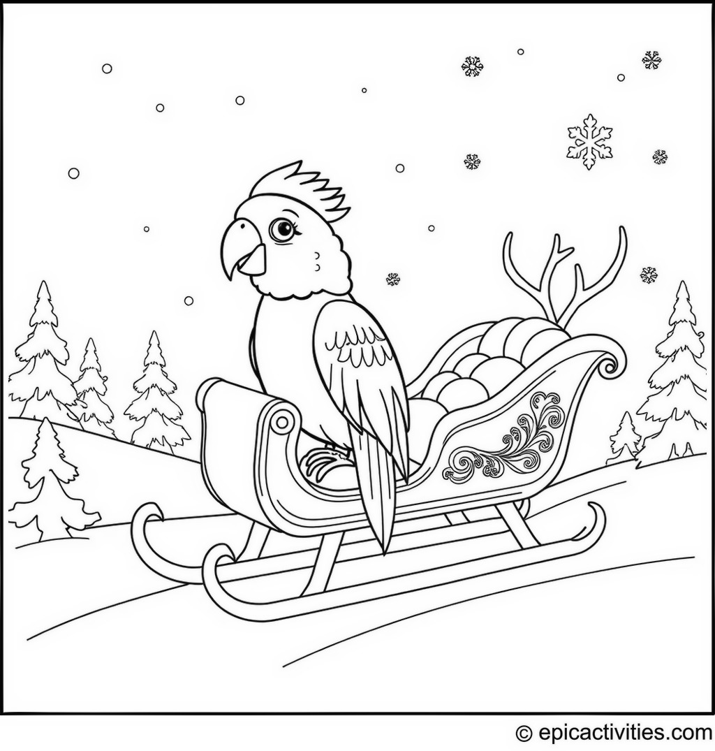 Coloring page of a Cute Parrot Enjoying a Magical Sleigh Ride in a Snowy Landscape with Reindeer and Snowflakes