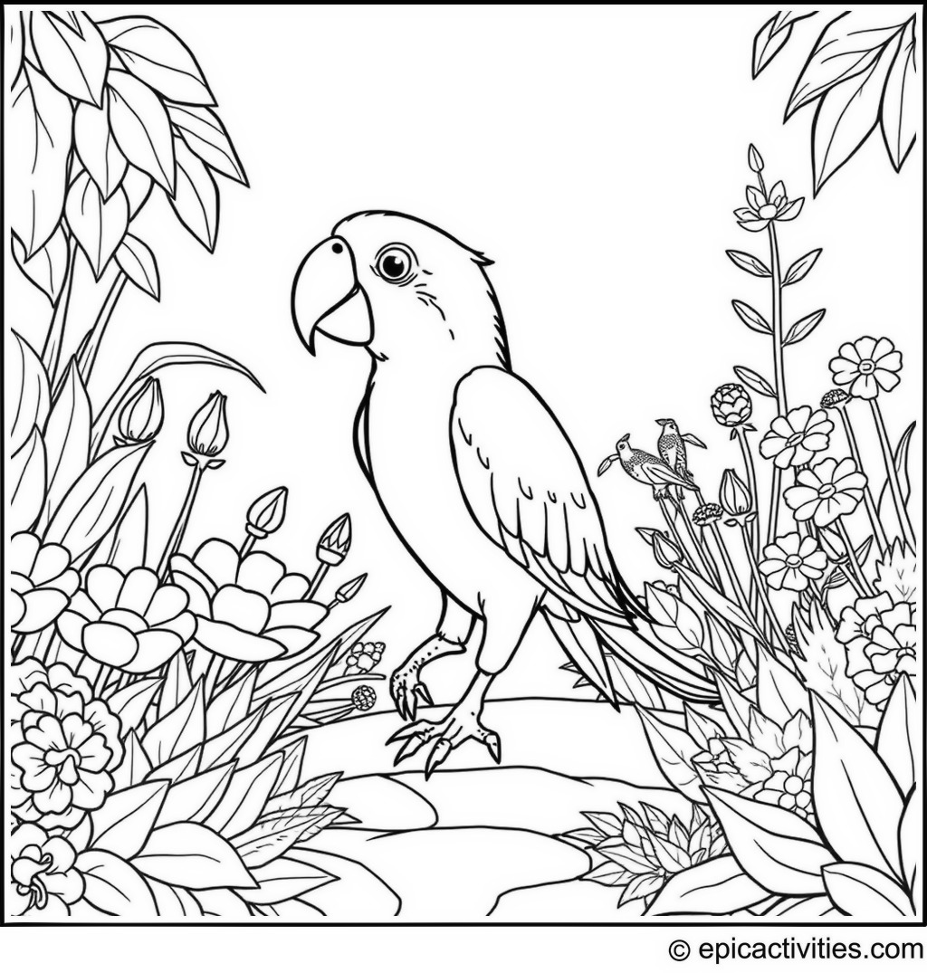 Coloring page of a Cute Parrot Exploring a Botanical Garden