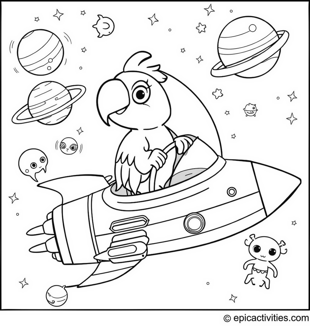 Coloring page of a Cute Parrot Flying a Cartoon Spaceship in Space