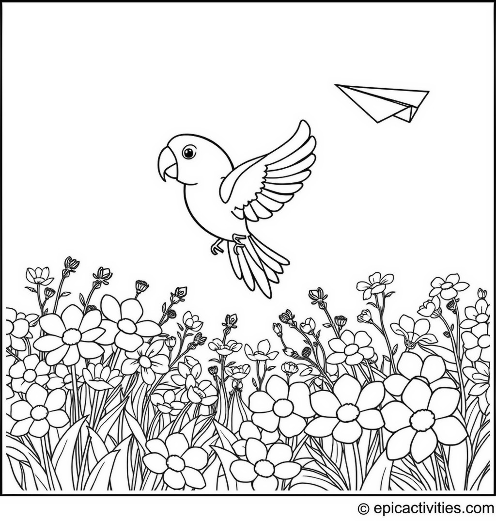 Coloring page of a cute parrot flying a paper airplane through a field of flowers