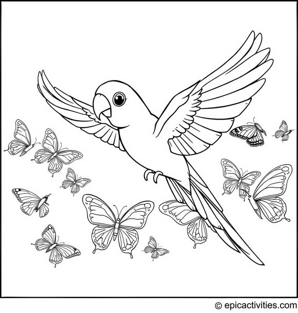 Coloring page of a cute parrot flying with butterflies