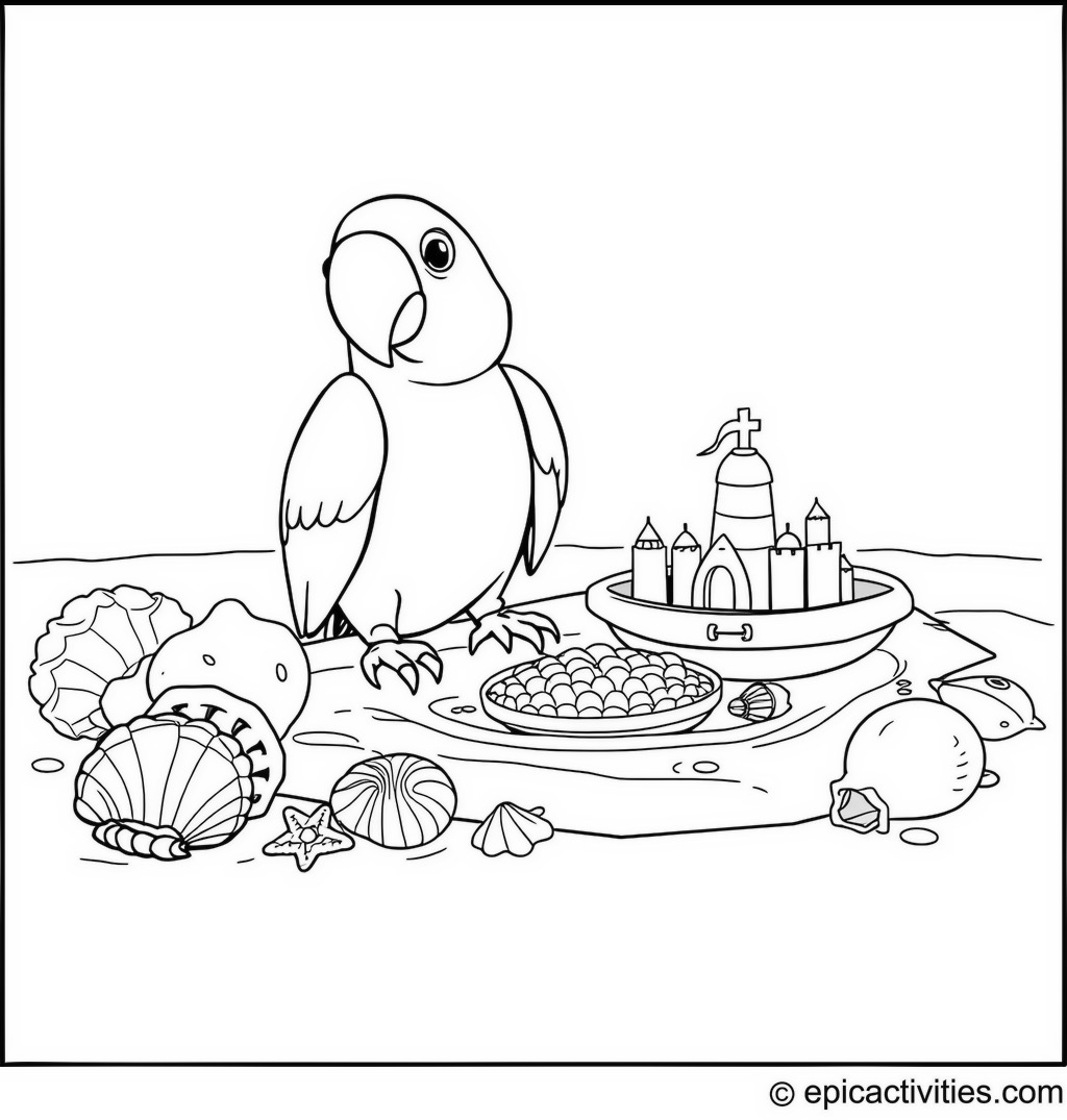 Coloring page of a cute parrot having a beach picnic with seashells and sandcastles