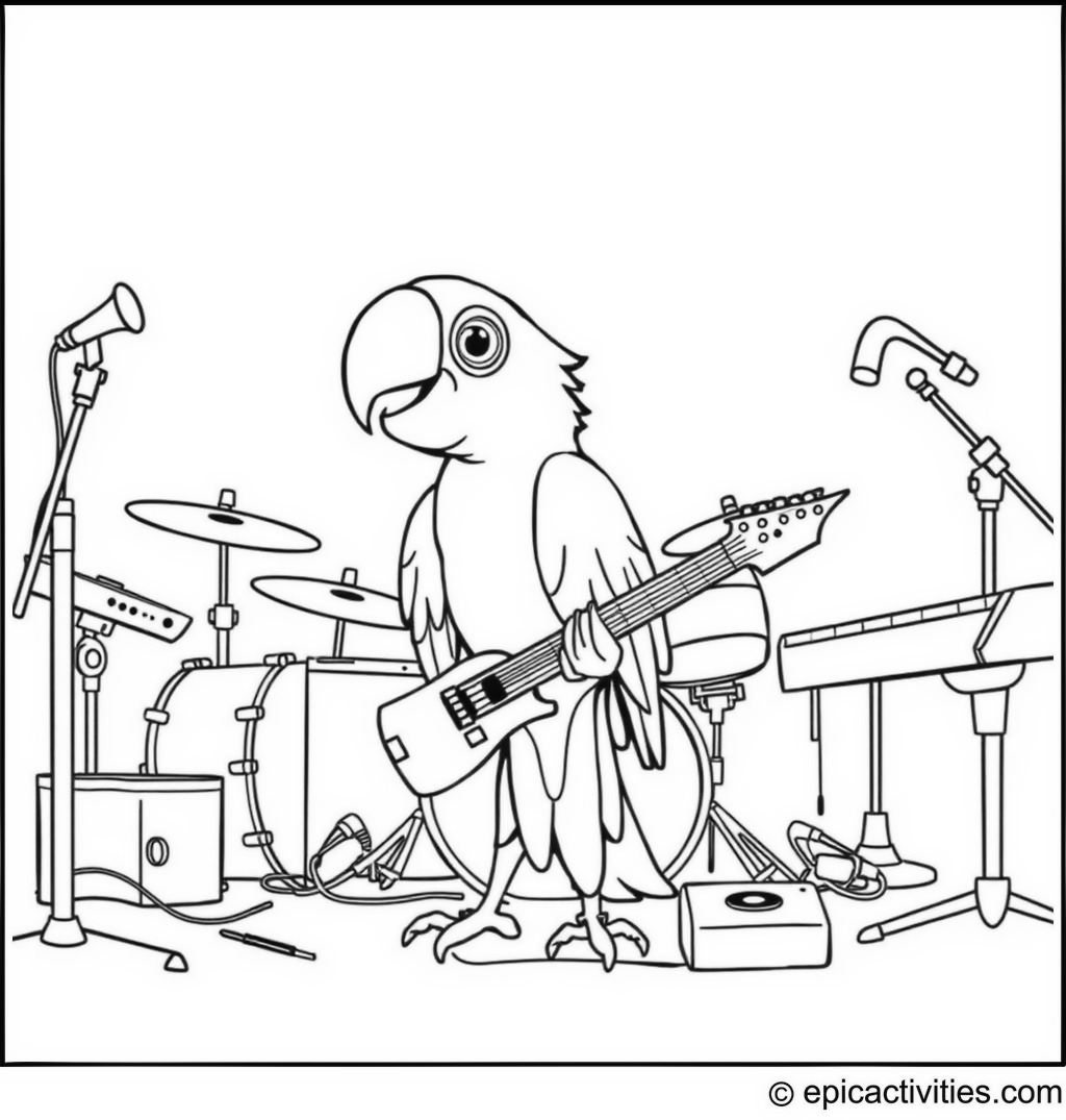 Coloring page of a Cute Parrot in a Band with Musical Instruments