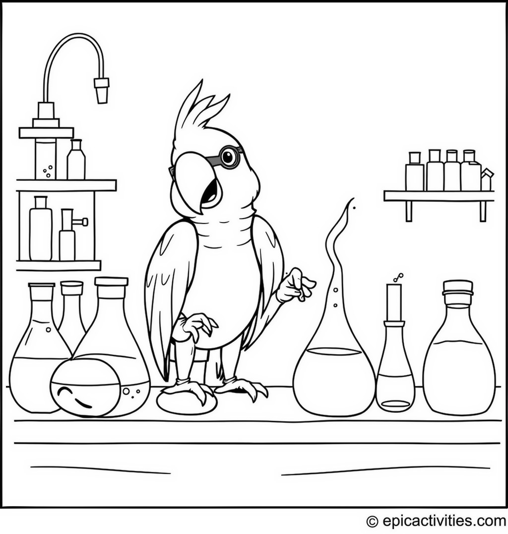 Coloring page of a Cute Parrot in a Whimsical Science Lab