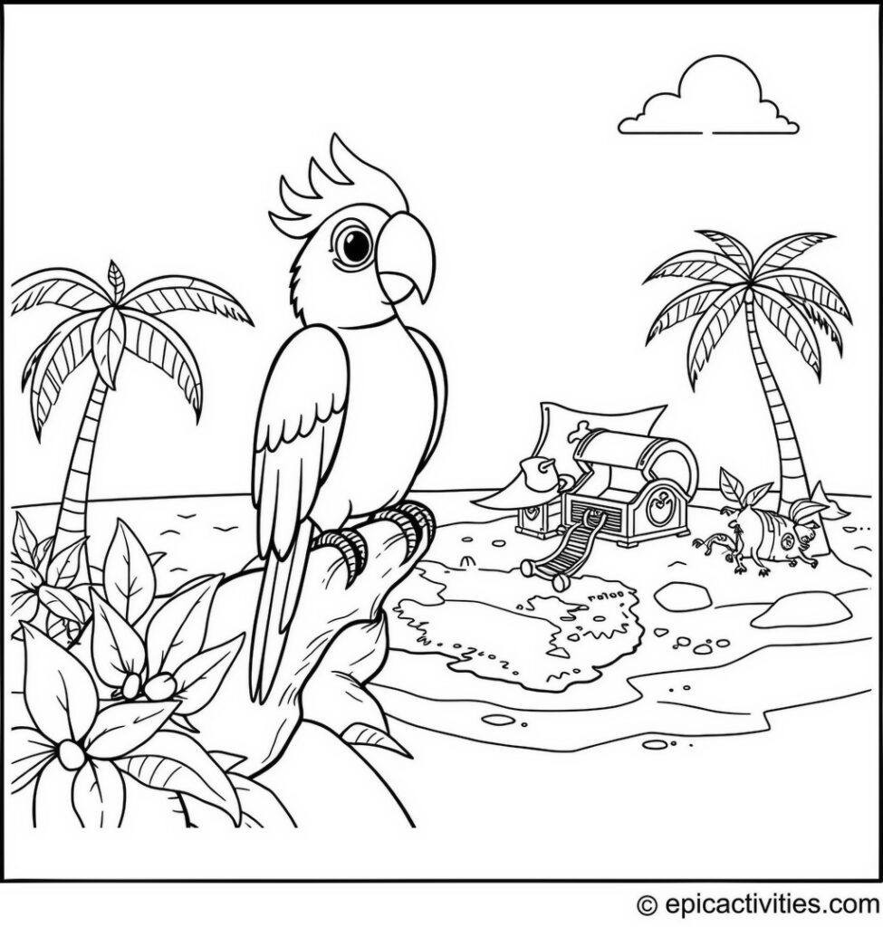 Coloring page of a Cute Parrot on a Treasure Hunt Adventure