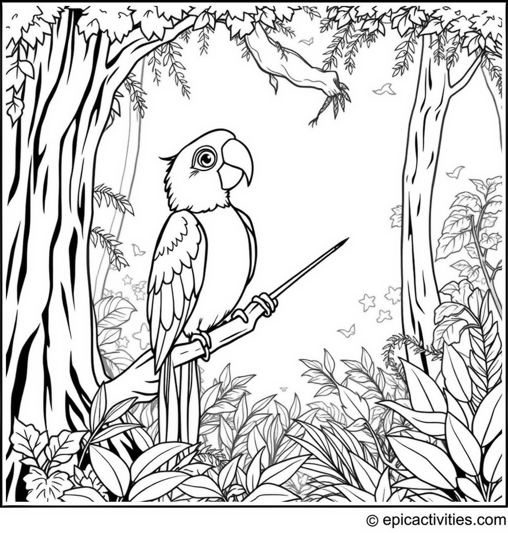 Coloring page of a cute parrot painting a mural on a tree trunk in a magical forest