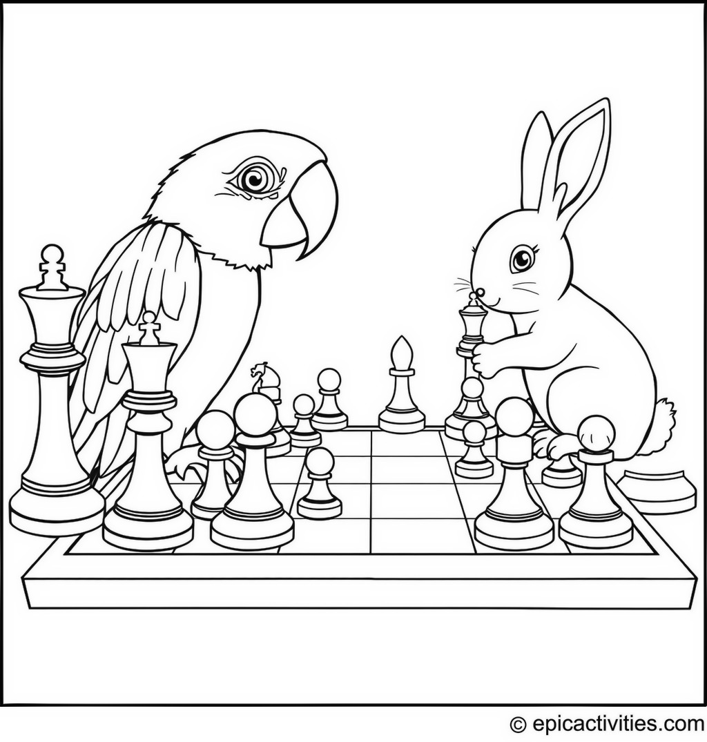 Coloring page of a cute parrot playing chess with a bunny