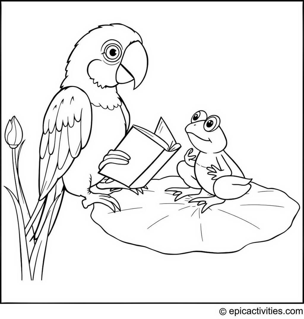 Coloring page of a Cute Parrot Reading a Fairy Tale to a Frog on a Lily Pad
