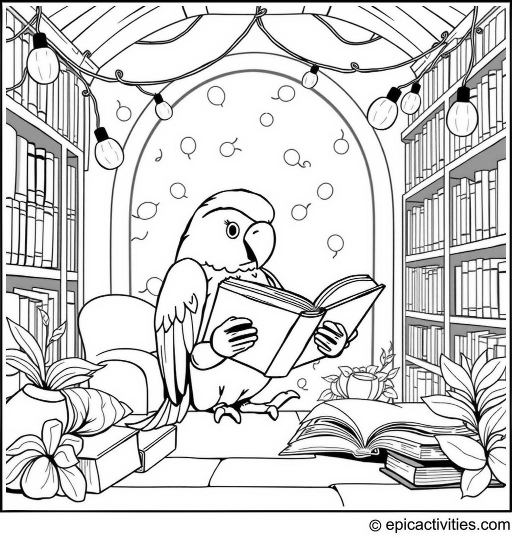 Coloring page of a Cute Parrot Reading Books in a Cozy Library with Fairy Lights