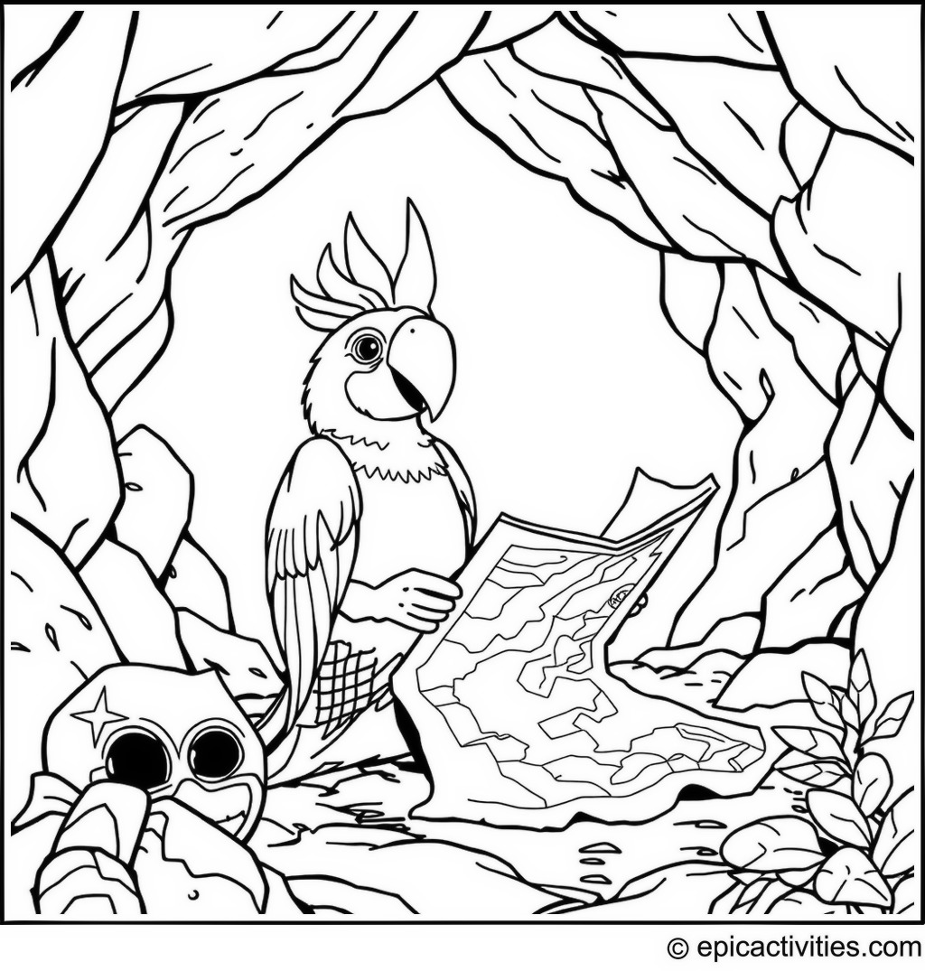 Coloring page of a cute parrot reading maps in a secret treasure cave
