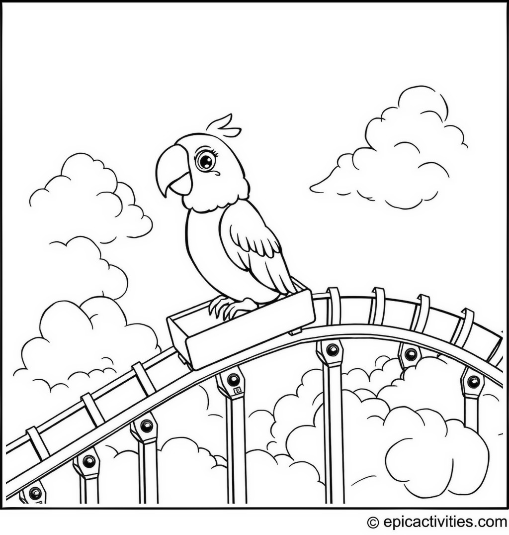 Coloring page of a cute parrot riding a roller coaster through fluffy clouds