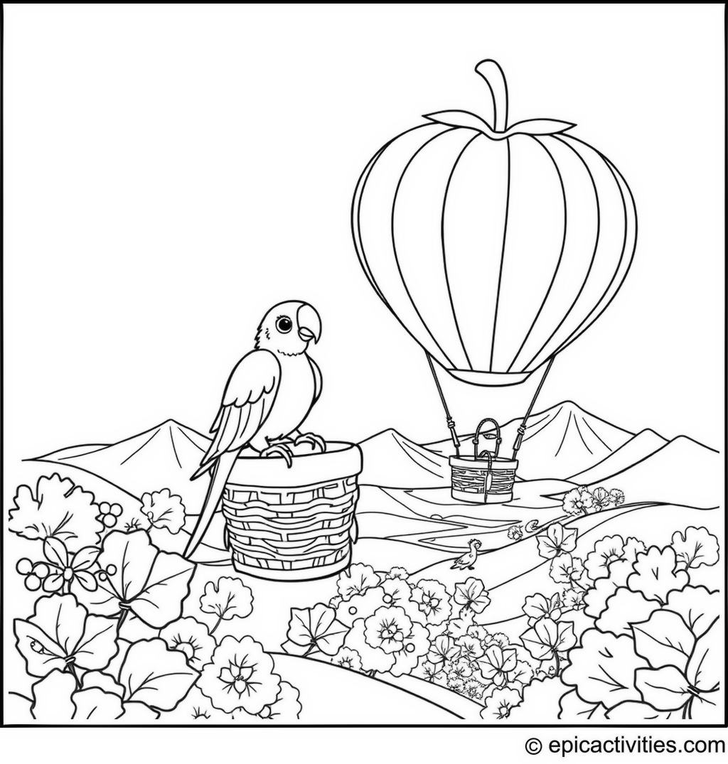 Coloring page of a Cute Parrot Riding a Strawberry Hot Air Balloon