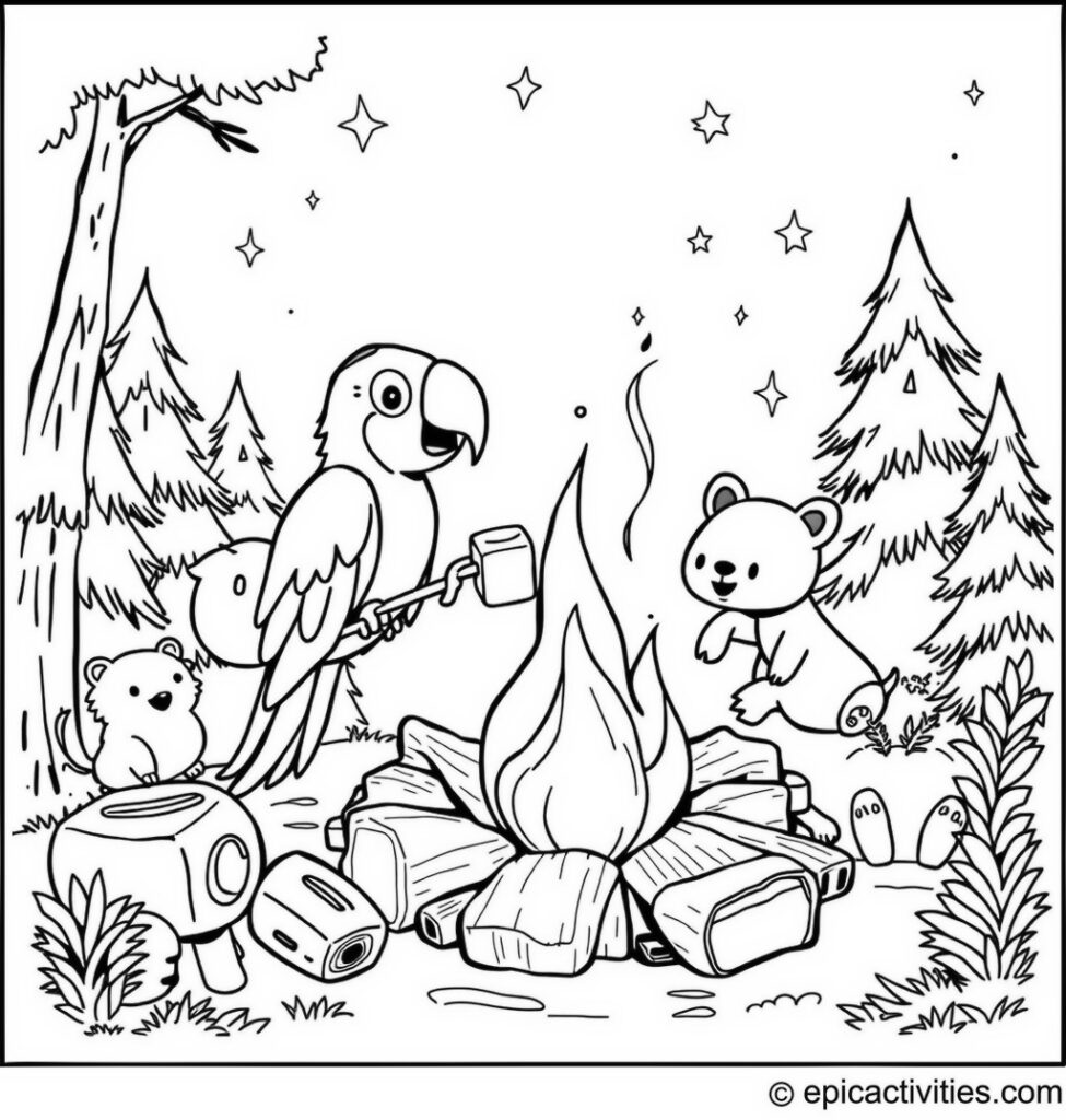 Coloring page of a Cute Parrot Roasting Marshmallows