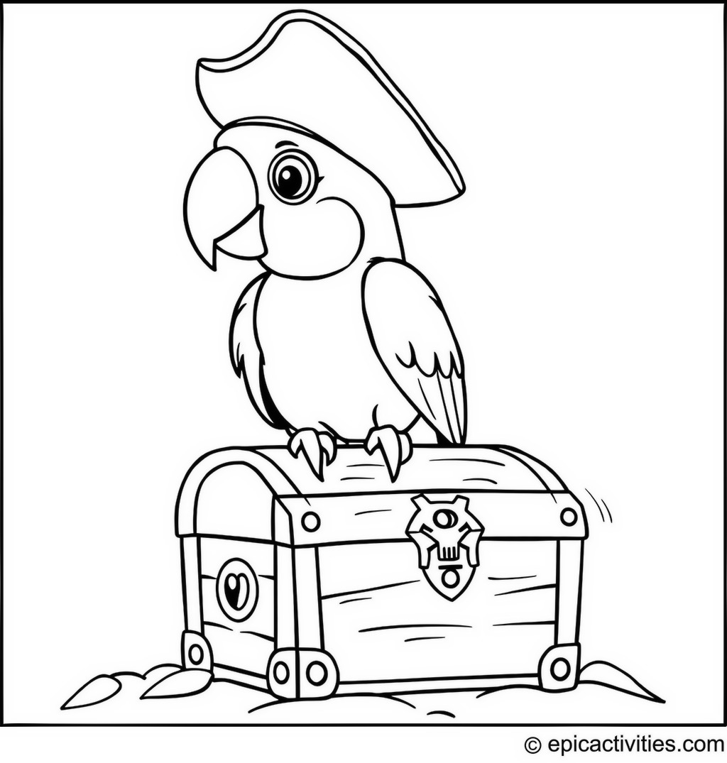 Coloring page of a cute parrot wearing a little pirate hat on a treasure chest