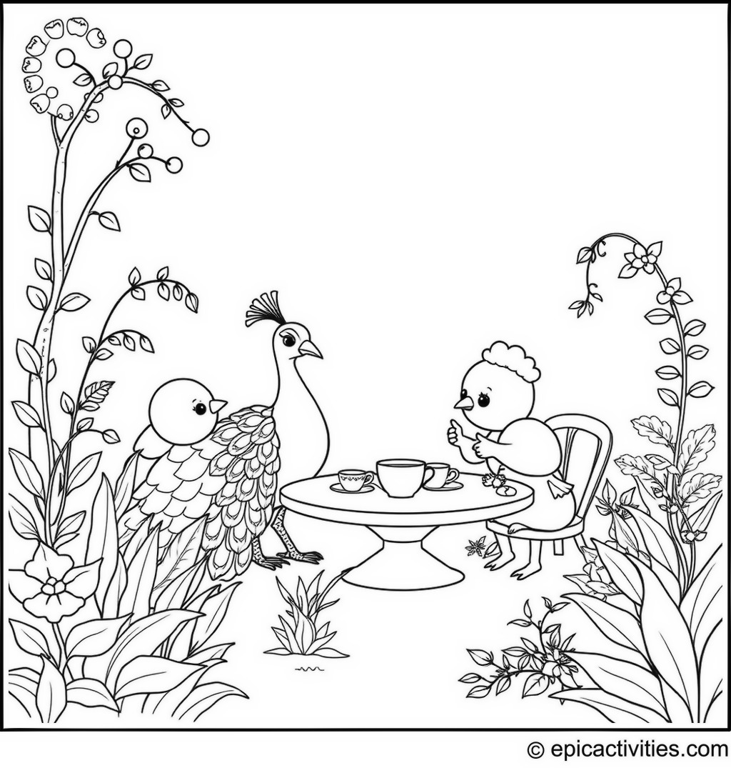 Coloring page of a cute peacock and friends having a tea party in a simple garden