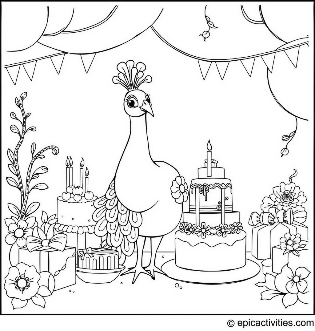 Coloring page of a Cute Peacock Birthday Party Celebration